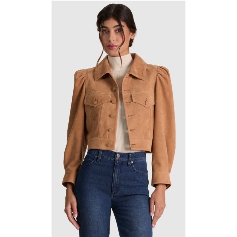 Alice + Olivia Lana Tan Lambskin Suede Puff Sleeve Cropped Jacket XS